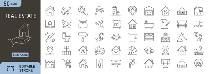 Real Estate icons set. Includes icons for house, apartment, building, for sale sign, rent, key, mortgage, location pin, blueprint, and property. Perfect for infographics, mobile apps, and web design.