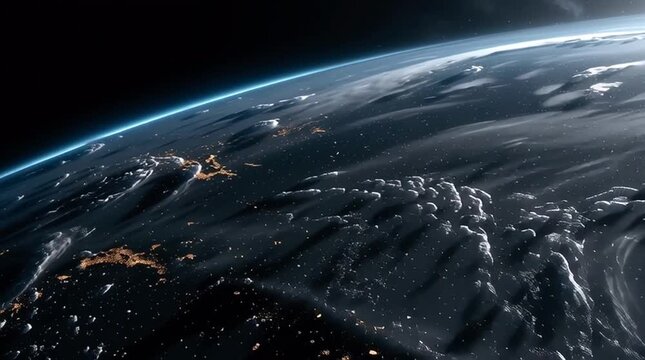 outer space showing Earth with clouds swirling across the planet&rsquo;s surface, illuminated by sunlight from behind
