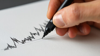 A hand drawing a jagged black line on white paper with a black felt tip pen