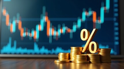 Financial investment concept. Gold coins with a percentage symbol in front of a digital stock market chart showing data analysis and trading trends. Economic growth and profit.