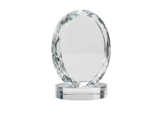 Elegant oval shaped crystal award trophy with faceted edges and clear base isolated on transparent background