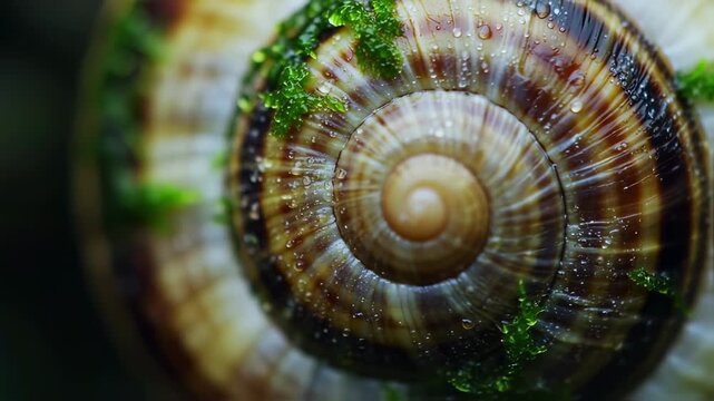 Closeup of a snail shell with water droplets and green moss on spiraling surface