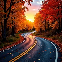 Naklejka premium Autumn sunset, asphalt road curves through vibrant foliage, autumn, nature