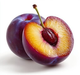 Ripe Plums with Juicy Flesh, Whole and Half Cut, Fresh Fruit Arrangement on White Background
