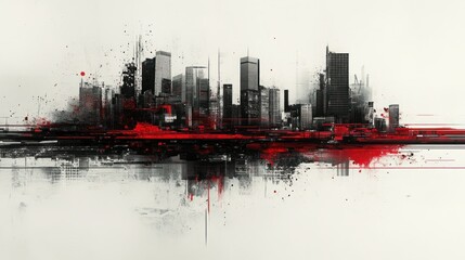 Abstract city skyline illustration with bold red accents and artistic splashes of black and gray on a white background