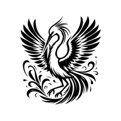A stylized phoenix rises with wings spread