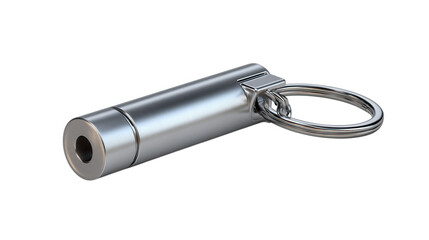 A small silver laser pointer with a keychain ring is isolated on a transparent white background