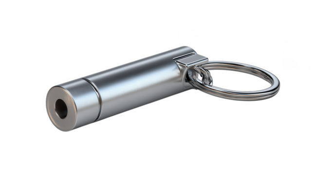 A small silver laser pointer with a keychain ring is isolated on a transparent white background