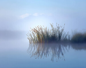 foggy pond reeds still water nature calm landscape