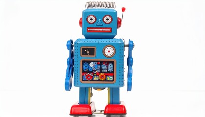 Vintage Blue Robot Toy with Detailed Face and Decorative Chest Panel