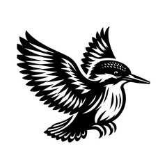 Obraz premium A black and white illustration of a kingfisher bird in flight