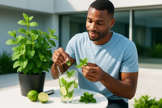 Young man preparing a fresh mint cocktail outdoors with a potted mint plant and lime on a sunny day, enjoying a relaxing leisure hobby moment. Ai generative - Powered by Adobe