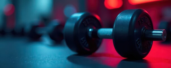 Fototapeta premium Close-up, black dumbbell; blurred red blue backdrop , muscle, dark