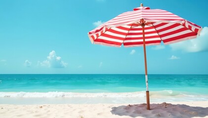 Classic red & white striped beach umbrella, sturdy pole, relaxation, clipart