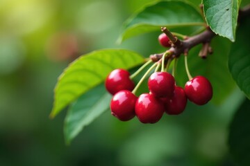 Close-up of coffee branch laden with ripe cherries , green, vibrant, tropical