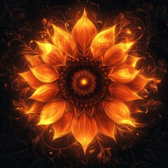 Radiant Floral Pattern in Warm Orange and Dark Background with Intricate Details and Magical Glow Effects
