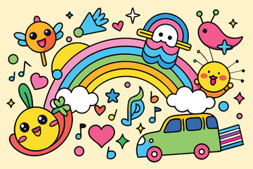 Kawaii Rainbow Pattern Background with Cute Birds, Music Notes, Car, and Fun Characters