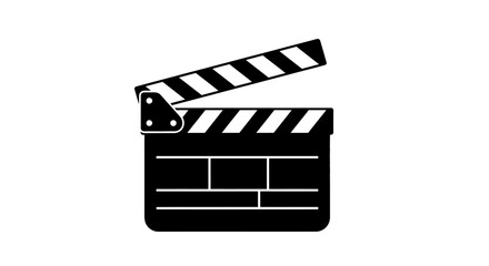 Minimalist black silhouette of an open movie clapperboard with striped sticks, a classic cinema icon.