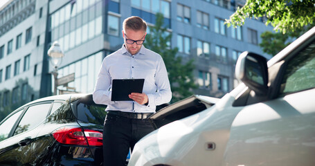Auto Insurance Adjuster Assessing Car Damage After Accident Claim