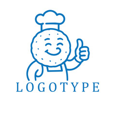 Minimalist blue and white logo featuring a cheerful, round meatball character dressed as a chef, giving a confident thumbs up. Clean line art style adds a playful and professional feel.
