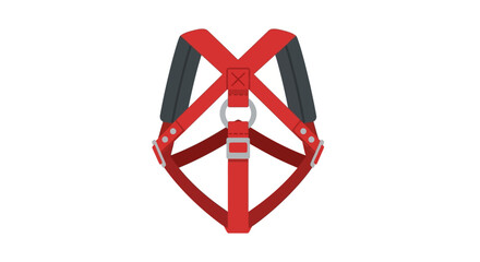 Red full-body safety harness with padded shoulder straps and metal D-ring.