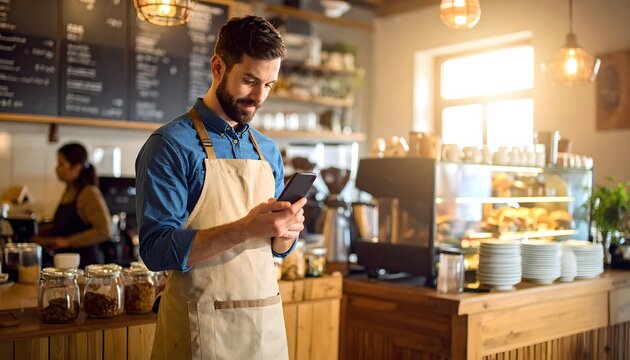 Barista Using Smartphone in Coffee Shop - Small business/entreprene.