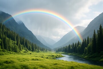 Serene mountain valley with lush green meadow, river, and vibrant rainbow under soft cloudy sky, ideal landscape background concept. Ai generative. Ai generative