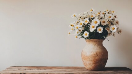 Daisies in a rustic vase on a wooden table