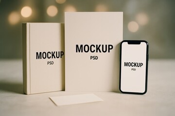 Blank mockup of a book, phone, and card.