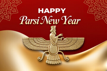 Golden Faravahar on Red and Gold Background with Happy Parsi New Year Greeting Text – AI-Generated