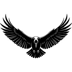 Obraz premium Powerful black bird in flight, wings spread, majestic dark raven or crow vector illustration in classic woodcut style.