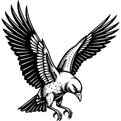 Obraz premium Dynamic woodcut style illustration of a majestic bird of prey with outstretched wings, soaring or swooping. Vintage engraved animal artwork.