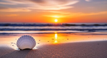 White seashell on sandy beach at sunset. Vacation and travel concept. Summer holiday background for greeting card.