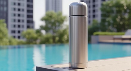 A silver stainless steel thermos bottle standing by a clear blue swimming pool with urban buildings in the background. Refreshment and outdoor lifestyle.