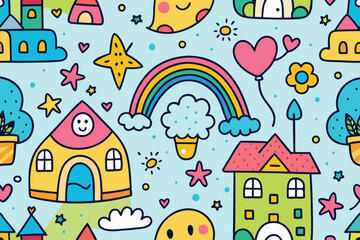 Naklejka premium Colorful Kawaii Pattern Background with Rainbow, Stars, Houses, and Cute Characters