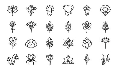 Minimal Botanical Flower Line Art Icon Pack 24Hand Drawn Floral Vector Icons for Feminine, Nature Inspired, and Organic Design Projects