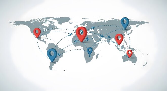 Global Connectivity Map with Location Pins and Flight Paths in Modern Style