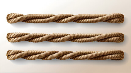 Realistic fiber ropes. Curve rope nautical cord straight lasso marine border brown jute twine natural tied packthread. Vector decor
