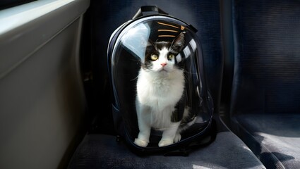 Curious cat peeking out of a shiny black backpack