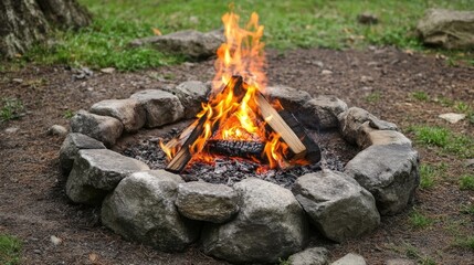 Campfire ablaze in stone ring.