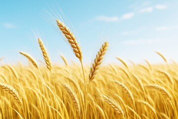 Fototapeta premium Close-up of golden wheat plants swaying in a bright field under a clear blue sky background with soft light and natural atmosphere. Ai generative. Ai generative