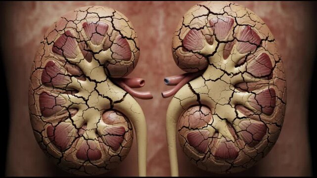 A detailed 3D rendering illustrates severely damaged and cracked human kidneys, symbolizing chronic kidney disease and organ failure.