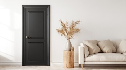 Modern living room with black door, minimal decor