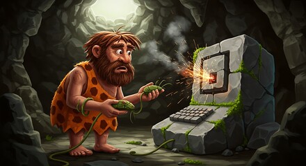 A prehistoric programmer's humorous frustration as his primitive stone age caveman computer sparks and fails in a dark, rocky cavern.