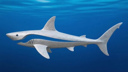 Two Thresher Sharks Swimming in Deep Blue Ocean