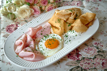 A delectable plate featuring a soft fried egg, savory ham, and golden pancakes adorned with fresh herbs, perfect for a delightful breakfast experience.