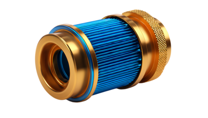  3D icon of an oil filter, in blue and gold colors, on a Transparent background PNG