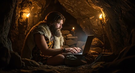 Anachronistic scene of a bearded neanderthal illuminated by the glow of his caveman computer inside a torchlit rocky den.