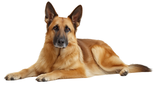 German shepherd dog isolated on transparent background lying down with alert expression