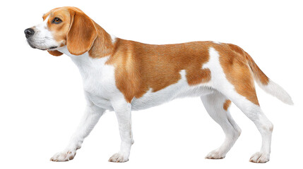 Beagle dog isolated on transparent background with white and brown fur standing in profile view